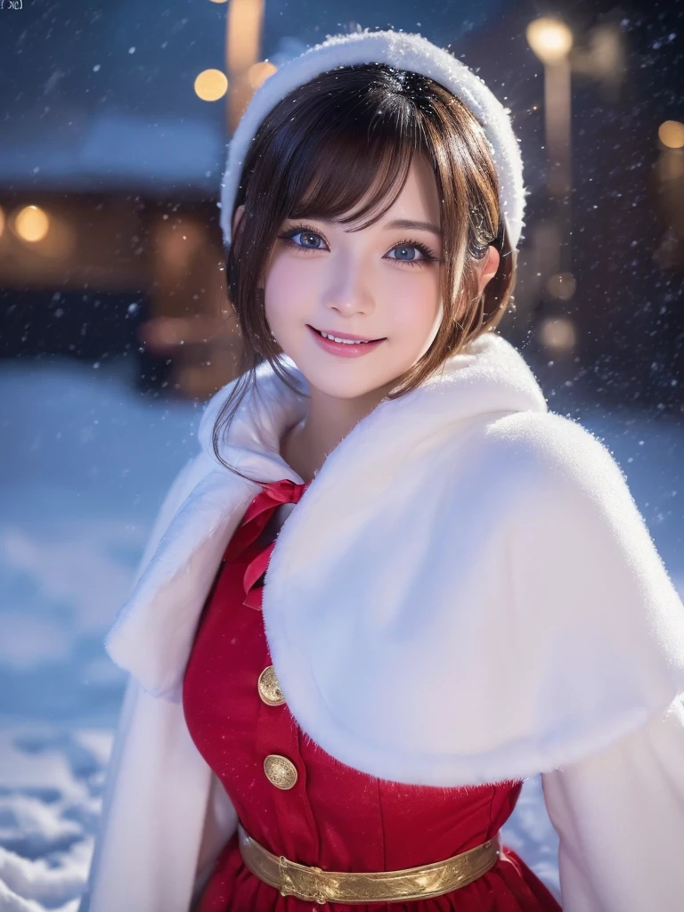(A ultra beautiful girl:1.5)in a Santa Claus costume,droppy eyes,extremely detailed face and long eyelashes,short hair,cutie smile,in a snowy night town,(best quality,4k,8k,highres,masterpiece:1.2),ultra-detailed,(realistic,photorealistic,photo-realistic:1.37),fantasy character,short hair,vivid colors,studio lighting