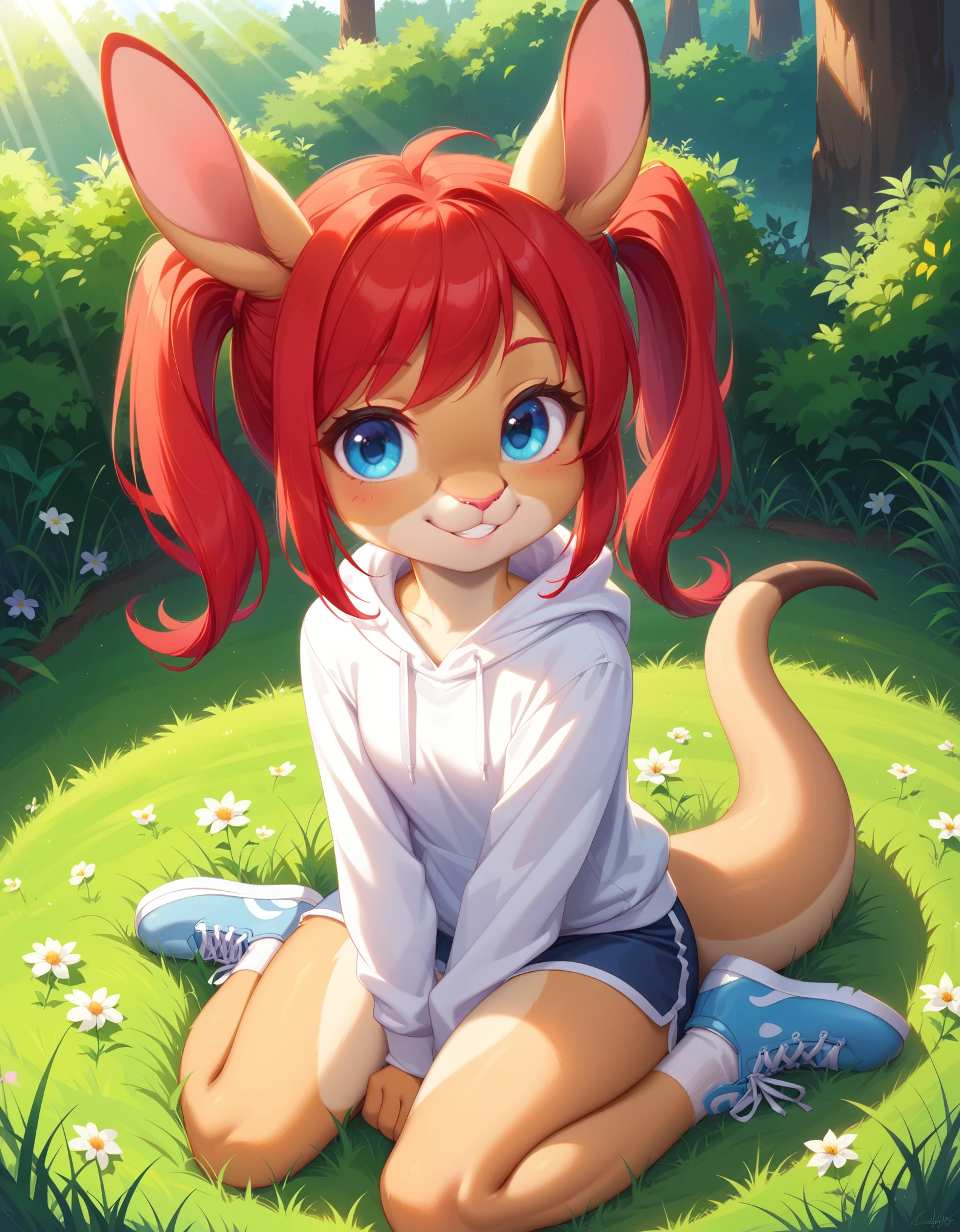 score_9, score_8_up, score_7, rating_ safe, source_furry, furry, camille_w, solo, red hair, twintails, blue eyes, hoodie, kangaroo tail, sitting, outdoors, grass, looking at viewer, smile, cute, sunlight, natural lighting, 