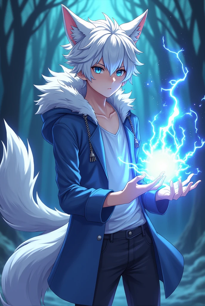 A teenage anime boy who's 6'3 and has fair skin,white hair,blue eyes and jas ergokinesis and has a wolf tail and wolf ears