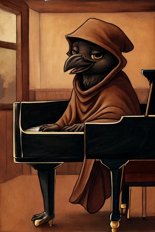 Baby crow, wearing a brown cloak and a brown cap, playing an old piano inside a bar