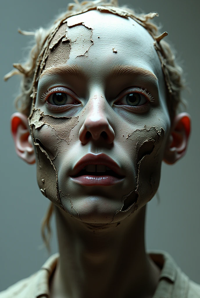 A head view from 1/4 left made with differents parts of a decomposed lifestyle sneaker shoe. Parts of the shoe replacing the face parts. one shoe only used. Every part of the face is replaced by shoe parts. No skin visible because replaced by shoe