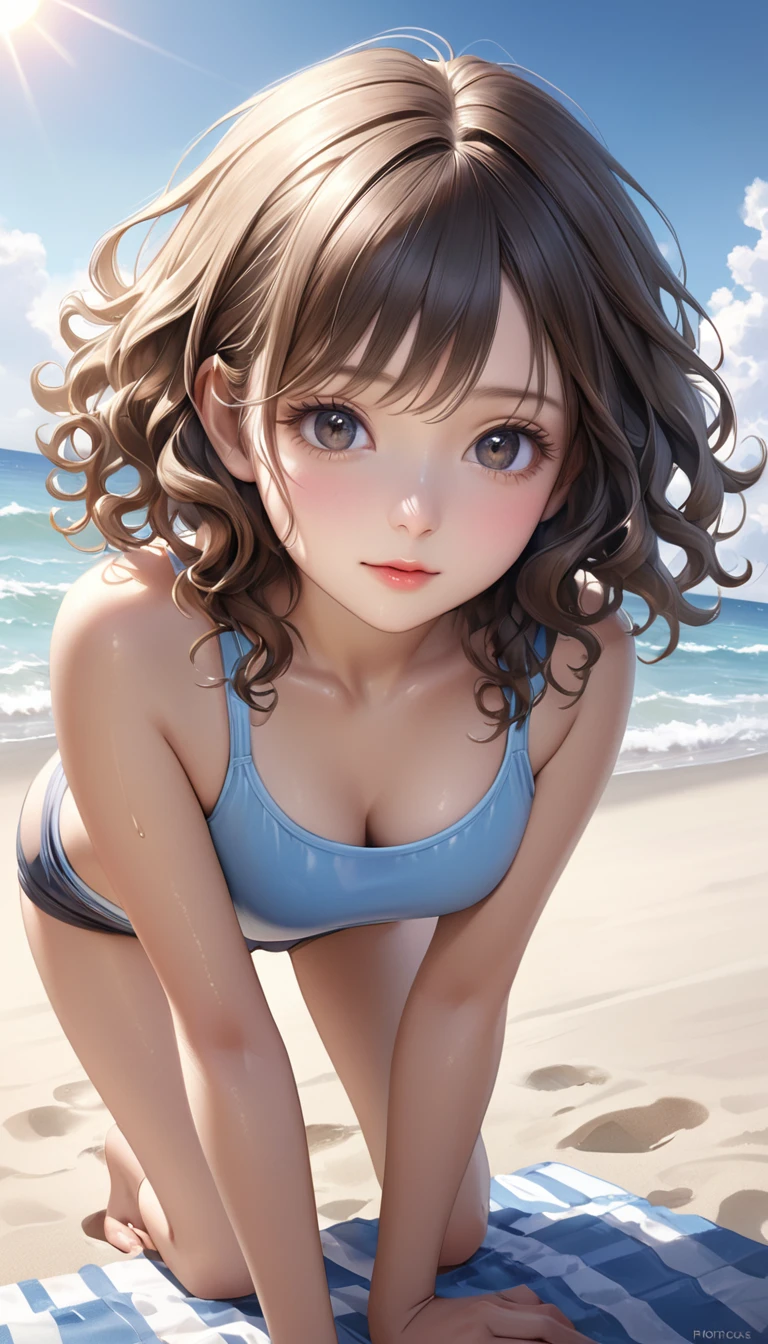 beautiful girl, alone, 1 female, (masterpiece:1.3, Highest quality, Ultra-high resolution, Super detailed), (Realistic, photoRealistic:1.4), Beautiful illustrations, Perfect lighting, Natural light, ((Pretty and gentle face)), Healthy body shape, ((25-year-old woman)), height: 160cm, Cute bikini swimsuit , (Curly Hair), Curly Hair, black eye, ((Thin thighs)), Shiny, look directly at the viewer, (((In the heat))), ((Oily_skin)), ((Dutch Angle)), ((Erotic pose)), ((On all fours)),, Sunny beach day