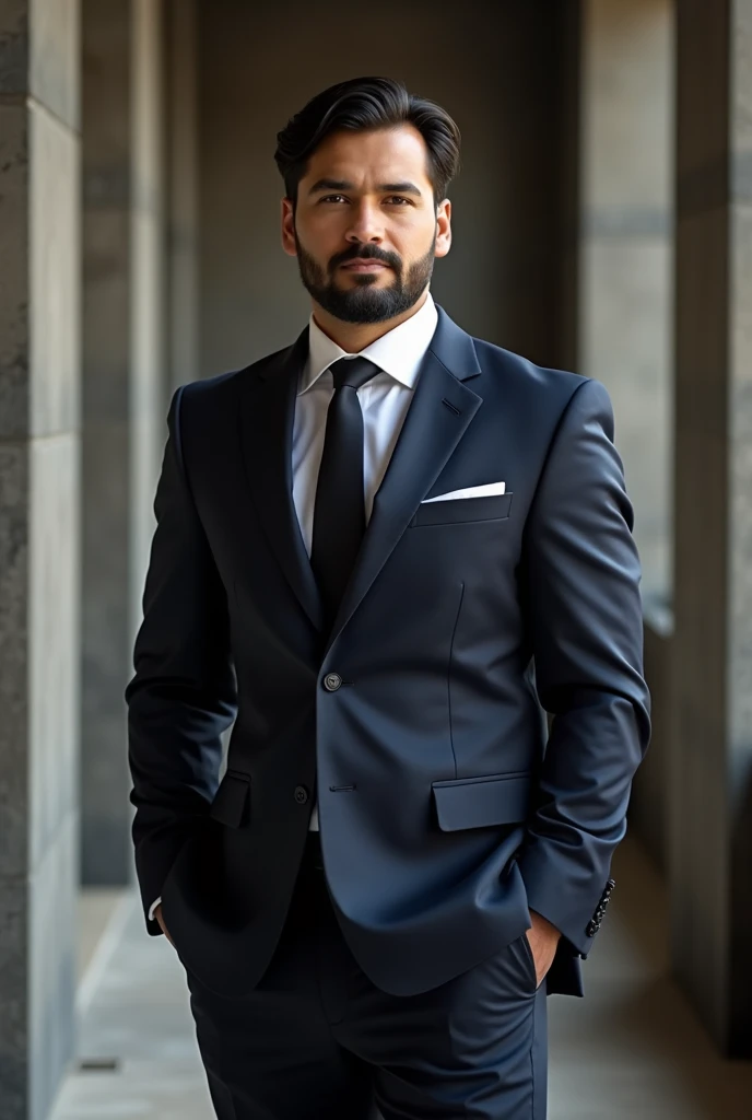 Professional full body photo of a strong posing light brown executive man , rounded face, medium-length straight black hair, short black beard, elegant executive without a tie