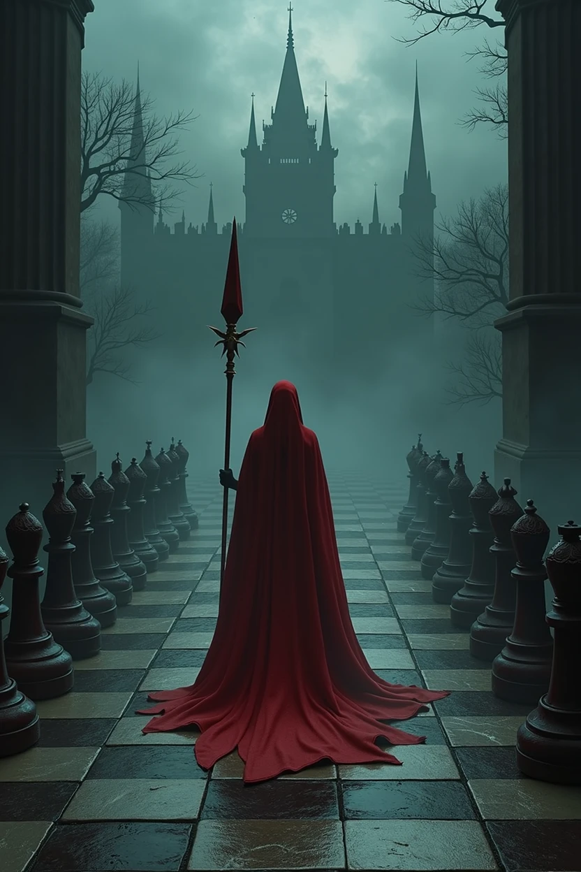 The queen walks along the path in the center toward the dark castle at the end of the chessboard. The chessboard is the main focus, with its detailed tiles leading the eye toward the ominous castle in the distance. The background is dark and foreboding, with shadows looming large, creating a mysterious and intense atmosphere. The queen, a female fire mage dressed in a red robe, holds a large and long red staff, but she is secondary to the dramatic, dark setting that surrounds her