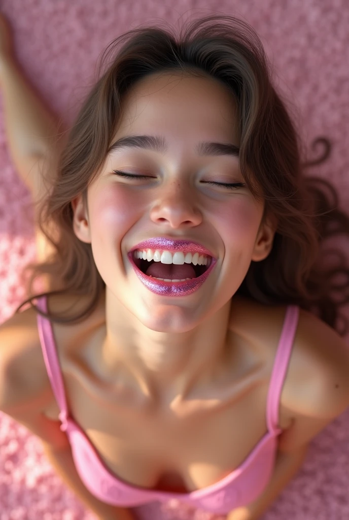 female younger teen, wearing pink glitter lipstick, eyes closed, wearing pink lingerie, kneeling on carpet, ((mouth very wide open and smiling)), photorealistic, extreme skin detail, 8k, wallpaper, top down view