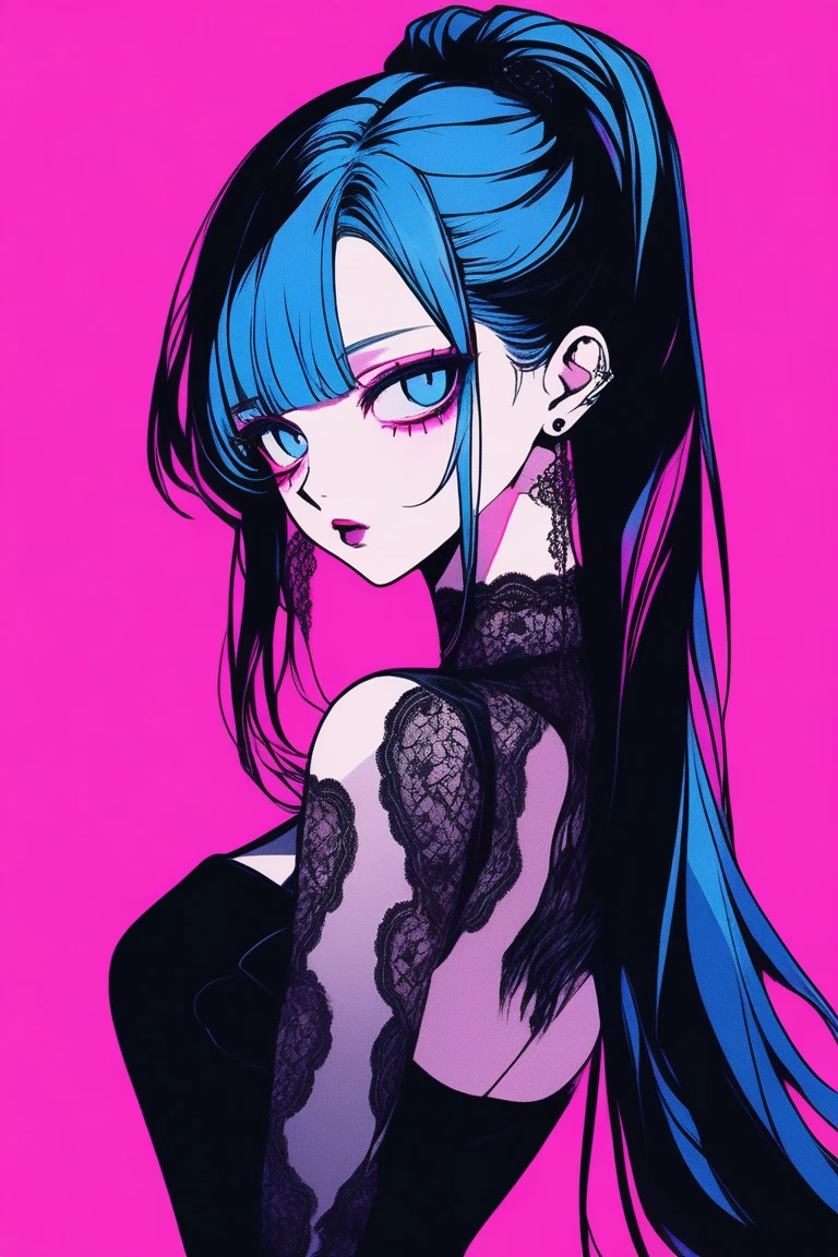 (masterpiece,Highest quality), Illustrator, anime , Realistic ,sketch , 1 person, model, lip, A sheer gothic black dress with lace and a revealing cut, order, Blue and pink gradient background, Neon color long ponytail hair, Big Breasts, Big eyes, Upper Body, Sexy pose, Texture Trim, Russian, (masterpiece,Highest quality)