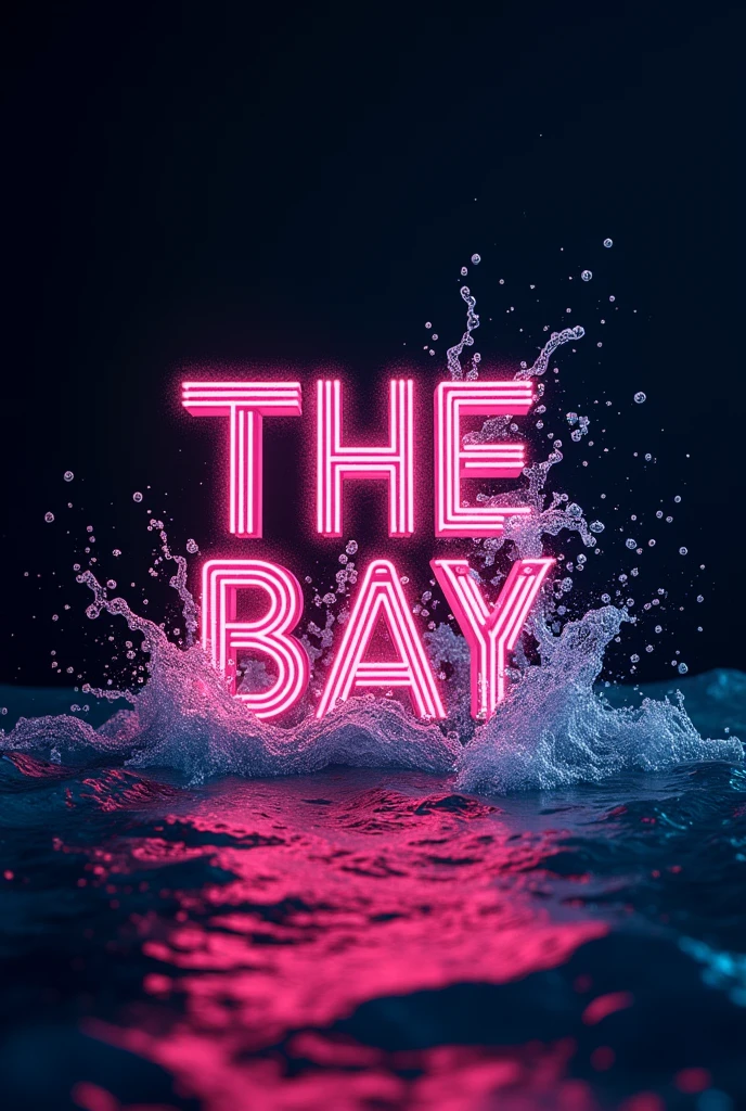 Create a text without a background and put it in the text "THE BAY" and disco or party style and in the background, Make it black and realistic, and also kind of in a water or sea style.