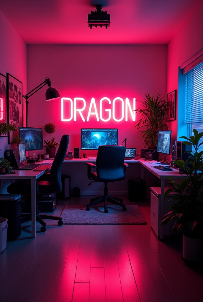 Create an image of a Youtuber's Studio room with a subtle neon glow Make a terment with bold "Dragon. lettering, make sure the text is not misspelled
