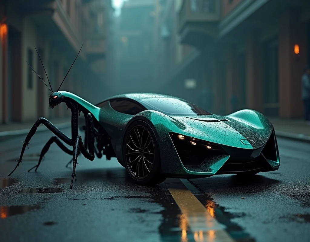 Car Photography,(the car is shaped like  mantis:1.5), cinematic, perfect lighting,