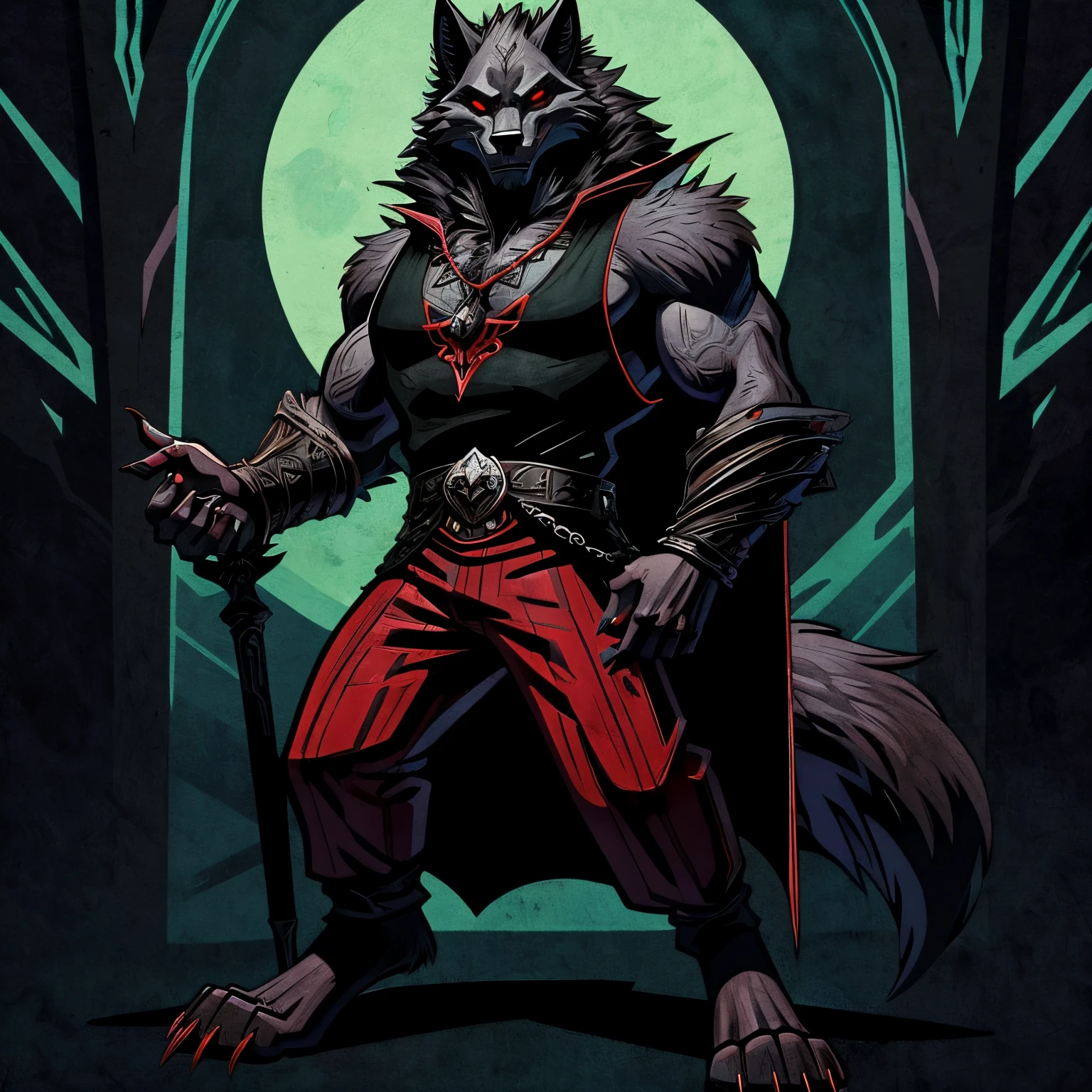 male semianthro wolf,solo,imperious,sexy,in the style of mike mignola,dark colors,stark shadows,michael moorcock,psychedelia,1970's,long pants,tank top,digitigrade legs,red eyes,diablo aesthetic,castlevania aesthetic,black pope