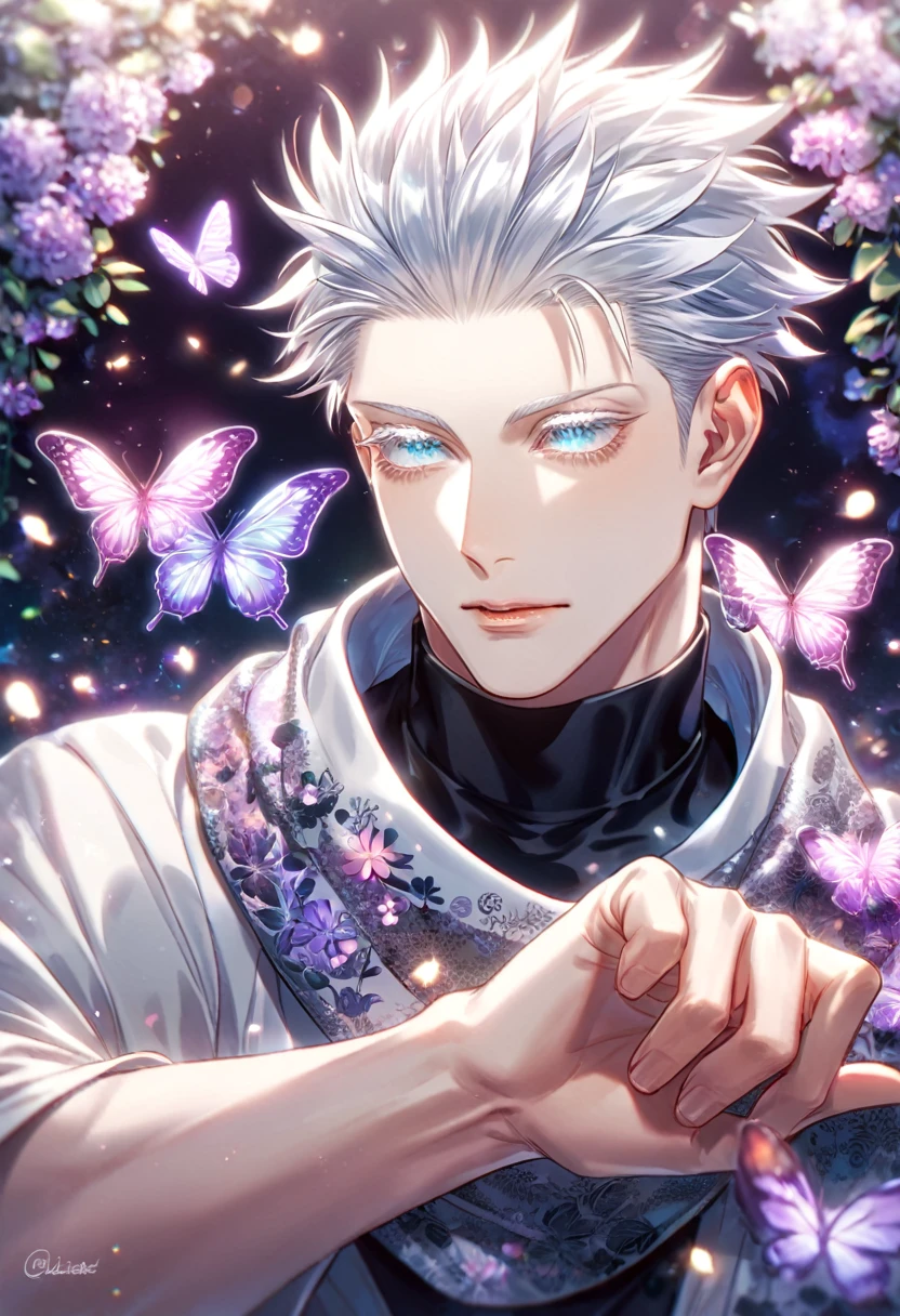 (absurdres, highres, ultra detailed, HDR) master piece, best quality, extremely detailed, delicated features, Gojou Satoru, white hair, slicked back hair, ruffled hair, expressive blue eyes, white eyelashes, Jujutsu Kaisen, solo, sexy man, handsome, sensual, black tight T-shirt, white haori, black scarf, fantasy, magical, glittering, shining, purple moon, purple flowers, purple butterflies, garden