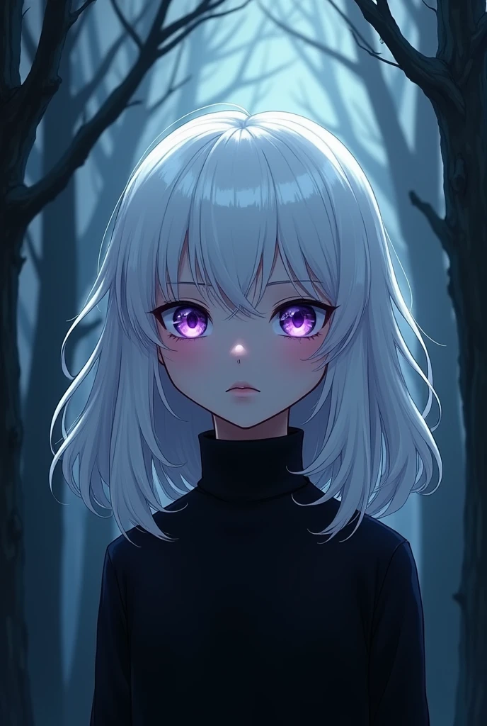 
Young white boy. NORMAL and ROUND face. . SMALL and ROUND CHIN. Her lips are thin, NORMAL and beautiful. HIS EYES ARE VIOLET and VERY BRIGHT. his Eyebrows are white. white  hair, VERY LONG and voluminous thrown back. wear a black turtleneck. He has a mysterious appearance and lives in a night forest. He's a good guy.