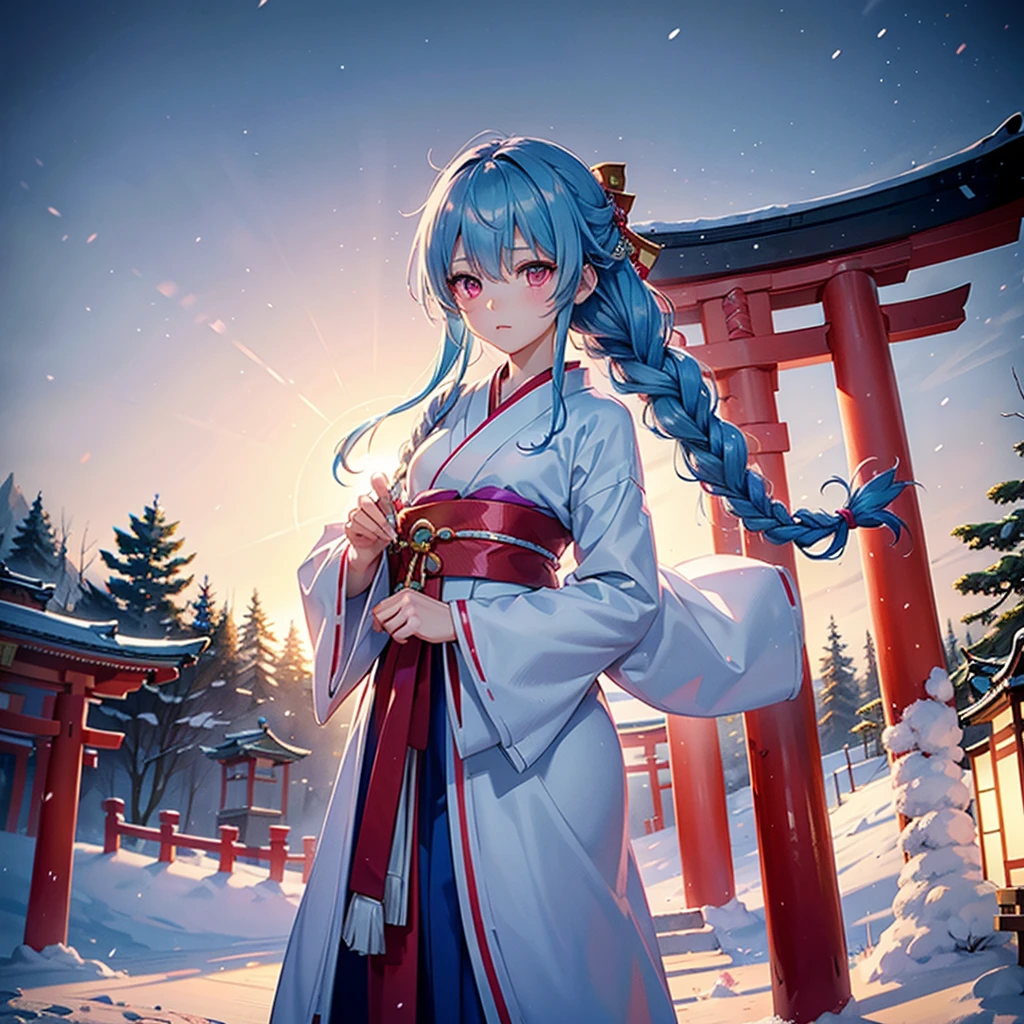 (Tying her sky blue hair into a single braid),(Pink Eyes),Fair skin,whole body,alone,Snowy Night,Drawing a fortune at a temple,torii,Shrine maiden、masterpiece, Highest quality, Very detailed, Best Shadow,Detailed Background,Beautifully detailed face,High Contrast,Best lighting, Very delicate and beautiful,Cinematic Light,Hyper Detail,8k,Dramatic Light,Exquisite detail,