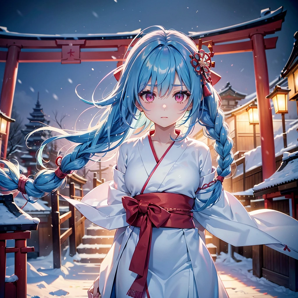 (Tying her sky blue hair into a single braid),(Pink Eyes),Fair skin,whole body,alone,Snowy Night,Drawing a fortune at a temple,torii,Shrine maiden、masterpiece, Highest quality, Very detailed, Best Shadow,Detailed Background,Beautifully detailed face,High Contrast,Best lighting, Very delicate and beautiful,Cinematic Light,Hyper Detail,8k,Dramatic Light,Exquisite detail,