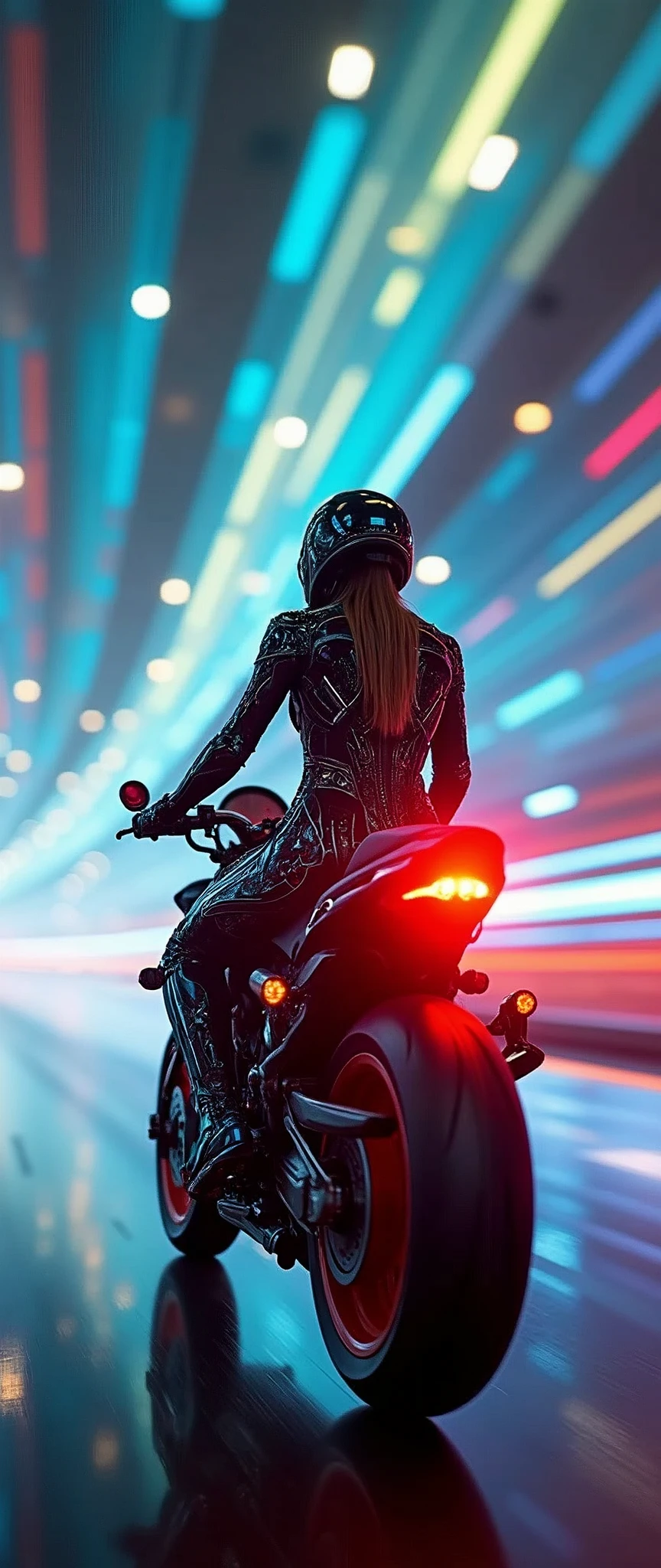 (masterpiece:1.2,Highest quality,Ultra-high resolution,Very detailed,Realistic,RAW Photos:1.2,Elaborate photos),8k,wallpaper,(Ray Tracing),(Future City:2.0),sf,cyber punk,(A woman rides a futuristic motorcycle:1.9),(A woman wears a mechanical bodysuit:2.0),(Dynamic angle from the rear of the aircraft),night,(Rainbow-colored guiding lights:2.0),(The machine races through a tunnel of light at high speed:2.0),(Motion Blur)