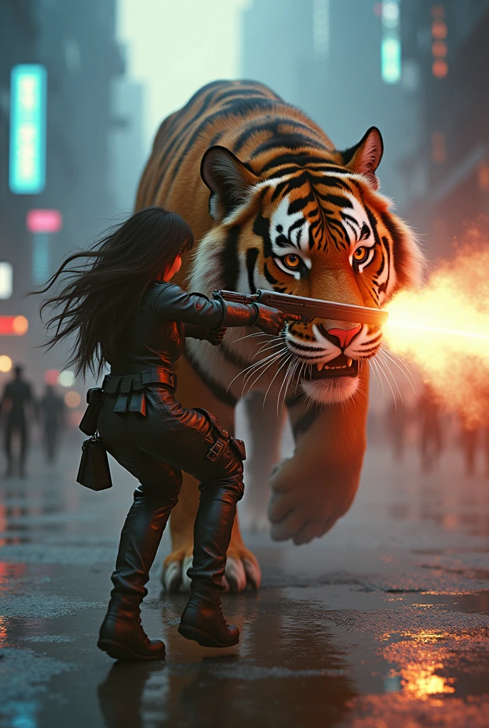beautiful cyberpunk girl saves giant wild saber tooth tiger. soldiers shoot ray gun in (Highlight: 1.5) (Photorealistic: 1.1) (Bokeh) (Best Quality) (Skin, Pores, Detailed Hair Texture: 1.1) (Hard) (8k) (HDR) (Wallpaper) (Cinematic Lighting) (Sharp Focus)cyberpunk style