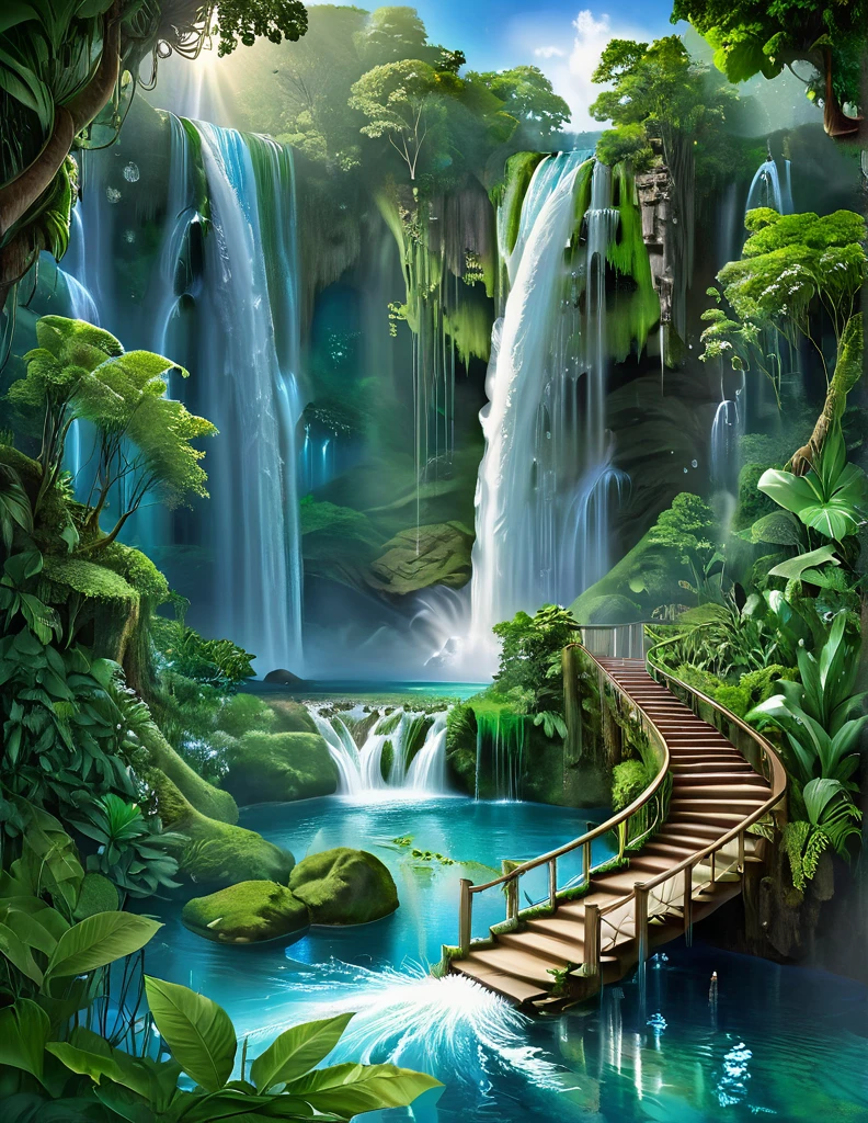 A stunning illustration of a towering waterfall cascading into a crystal-clear lagoon surrounded by lush foliage. An imaginative scene where multiple waterfalls converge in a mystical, hidden valley. Hill The waterfall falls like a staircase. Plunge. Crystal. Cosmological.