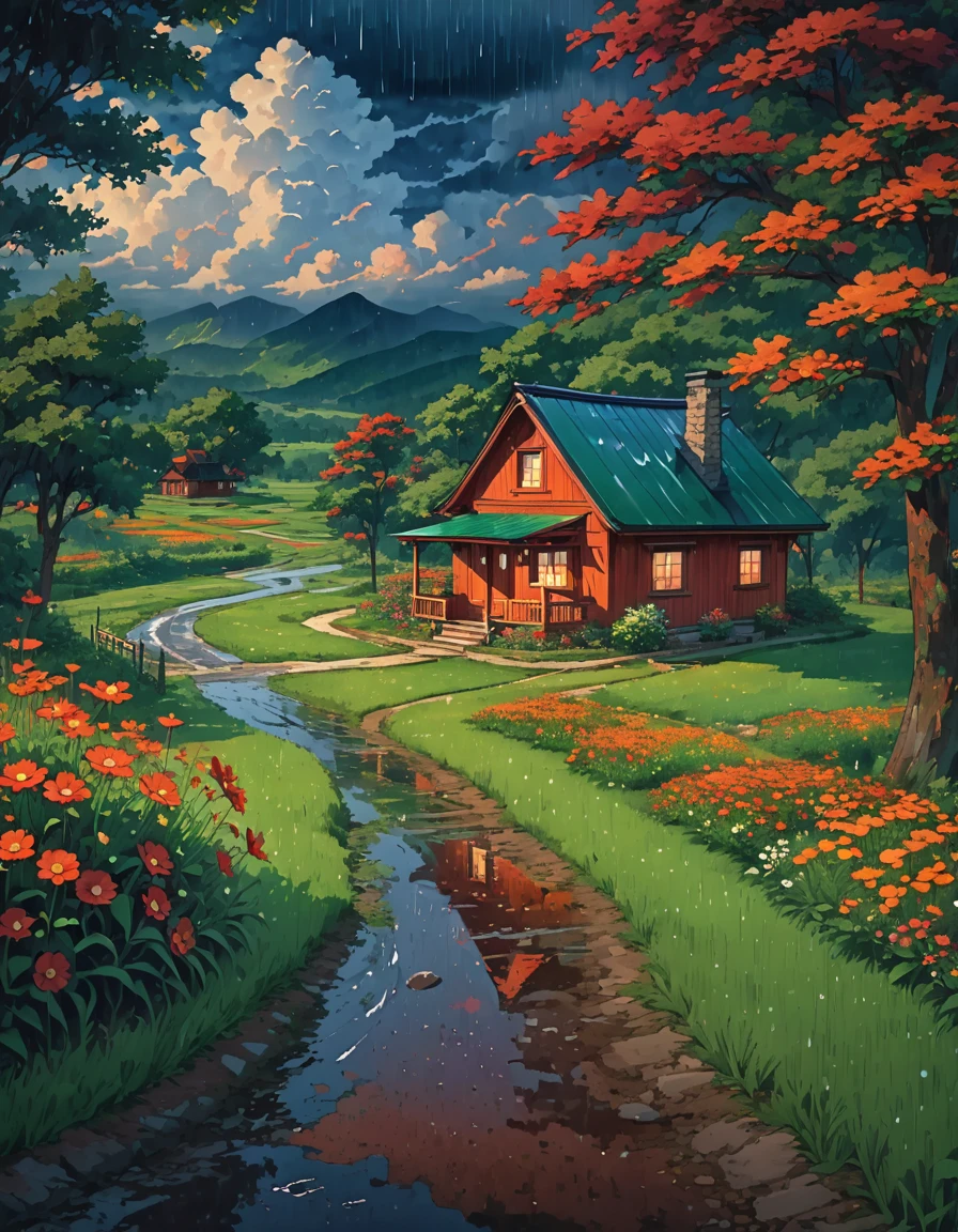Creates a tranquil rural scene under the summer drizzle.. A cozy red-roofed cottage sits on a large, lush green trees. The sky is full of drama., The billowing clouds are bright orange and, Sunlight shining through, In contrast with the dark blue rain clouds.. An arrow, The winding path leads to the cabin., Surrounded by bright red and orange wildflowers., and verdant green grass. The small puddles formed by the rain at the edge of the road create a serene and beautiful atmosphere.., A fusion of nature and tranquility., Painted with highly saturated colors.，To enhance the vibrancy and charm of the landscape.
