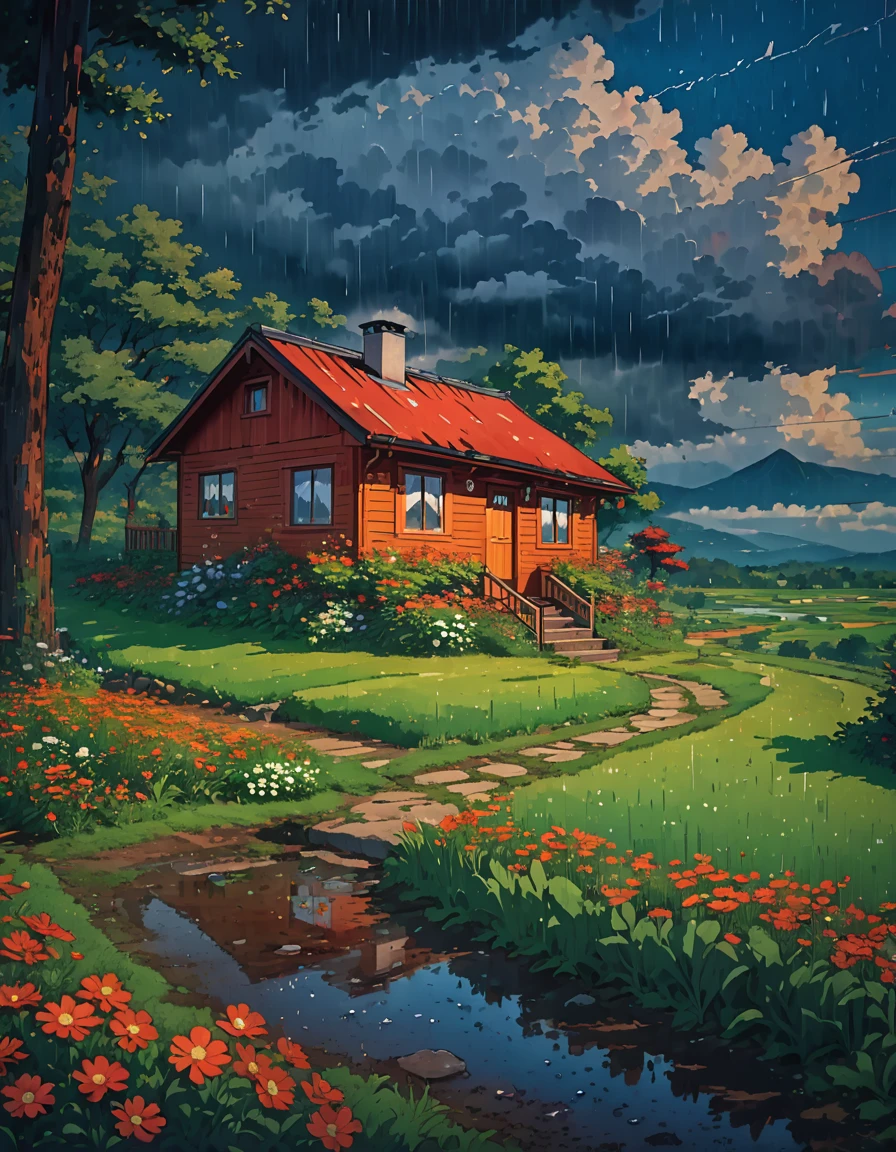 Creates a tranquil rural scene under the summer drizzle.. A cozy red-roofed cottage sits on a large, lush green trees. The sky is full of drama., The billowing clouds are bright orange and, Sunlight shining through, In contrast with the dark blue rain clouds.. An arrow, The winding path leads to the cabin., Surrounded by bright red and orange wildflowers., and verdant green grass. The small puddles formed by the rain at the edge of the road create a serene and beautiful atmosphere.., A fusion of nature and tranquility., Painted with highly saturated colors.,To enhance the vibrancy and charm of the landscape.