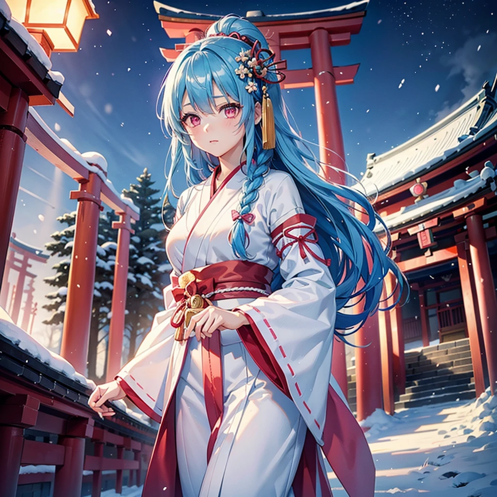 (Tying her sky blue hair into a single braid),(Pink Eyes),Fair skin,whole body,alone,Snowy Night,Drawing a fortune at a temple,torii,Shrine maiden、masterpiece, Highest quality, Very detailed, Best Shadow,Detailed Background,Beautifully detailed face,High Contrast,Best lighting, Very delicate and beautiful,Cinematic Light,Hyper Detail,8k,Dramatic Light,Exquisite detail,