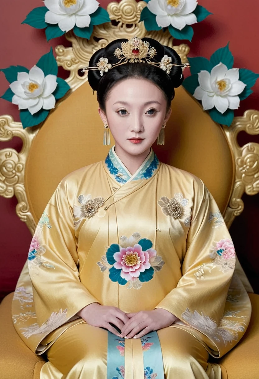 From the pre-Qing period, The Empress sits on a large golden sofa in the palace, Her legs were spread, At the Chinese court during the Qing Dynasty, Empress of the Qing Dynasty, Wearing the great crown of the Chinese Empress, Belly and thighs visible from below.。She is completely nakedwing off gorgeous large flowers and hairpins, She tied her hair up and pulled it up, 背景はEmpress of the Qing Dynastyの豪華な宮殿.