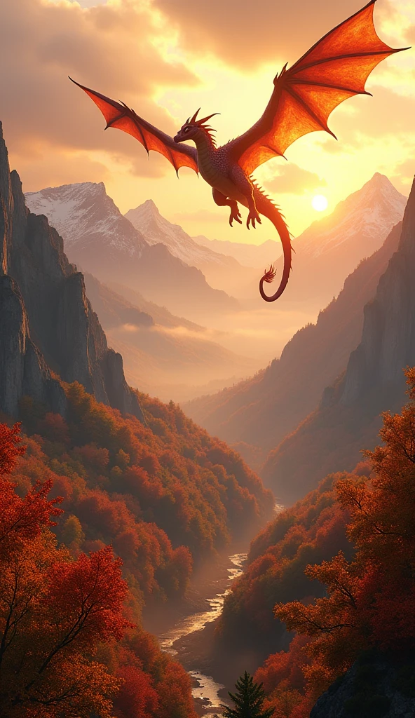 Beautiful art style,dragon,8k,Fabulous scene,Fall,Golden sunshine,Ray Tracing,Normal