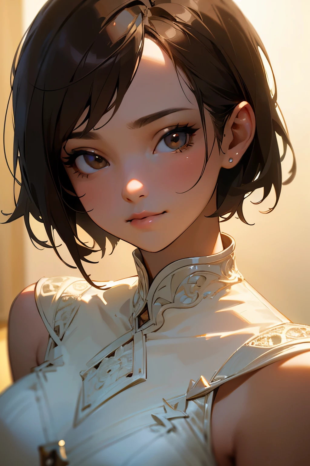 night, Original Photography, (((Very beautiful portrait))), (Very beautiful portrait))), 1 girl, Sexy 25 year old girl, ((Natural brown short hair)), [Brown eyes],Staring at the camera with a gentle smile(cleveage), ((masterpiece, best quality, Ultra Detailed, Movie Lighting, Intricate details, HD, 8K, Very detailed)), Detailed background, 8K UHD, Digital SLR Camera, Soft lighting, high quality, Film Grain, Fuji XT3, Shallow depth of field, Natural light, Perfect face