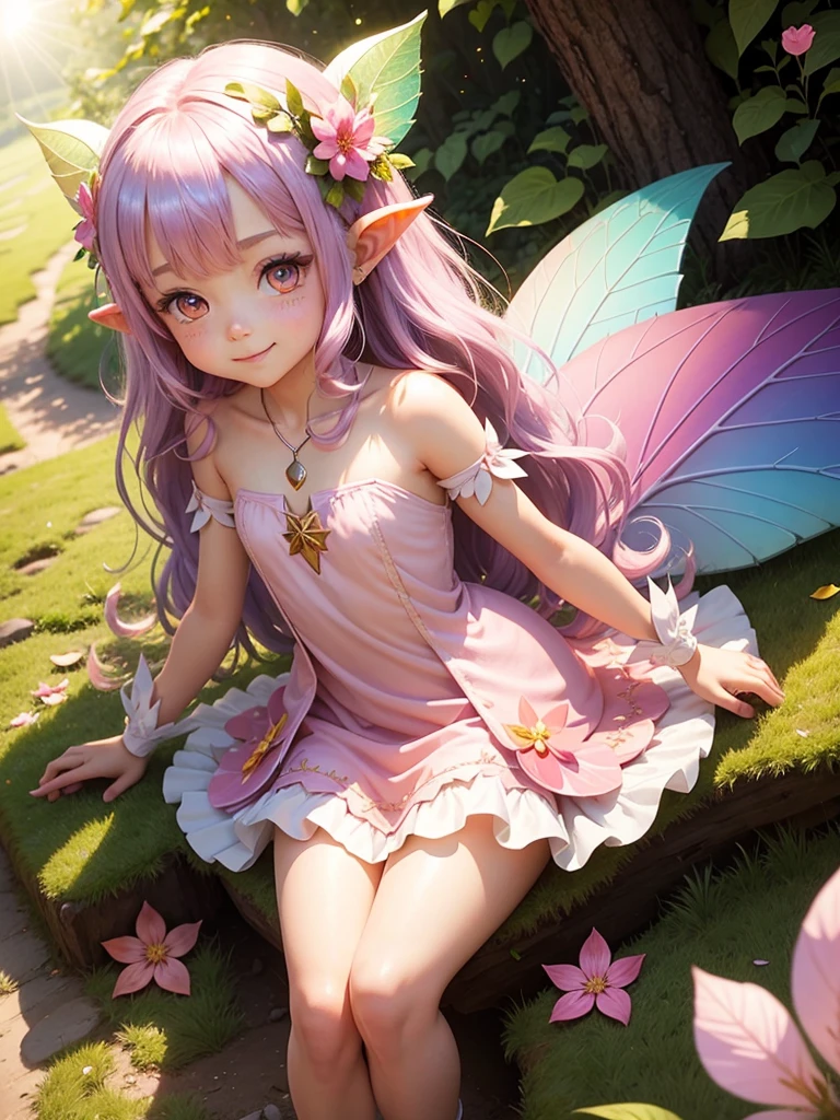 cute little fairy, , rainbowhair, pink eyes,  dress with pointy ears, dress made of petals, leaves, glitter, sun, leaves, flowers, white, big fairy wings, smiling gently
