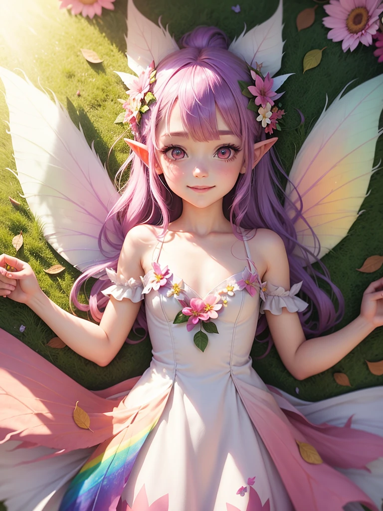 cute little fairy, , rainbowhair, pink eyes, dress with pointy ears, dress made of petals, leaves, glitter, sun, leaves, flowers, white, big fairy wings, smiling gently