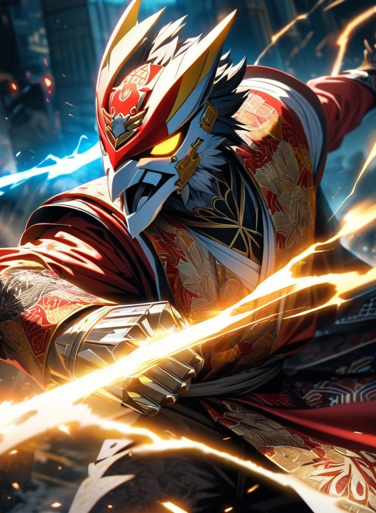 ,absurdres, highres, ultra detailed, HDR, masterpiece, extremely detailed face and eyes,Indonesian Super Hero costume,,red and white Kamen rider, eagle mask, , Indonesia batik pattern , solo, man, handsome, ,, , Epic fight scene, golden splashing effect, golden lightning effect,glowing glitters, explosive effect