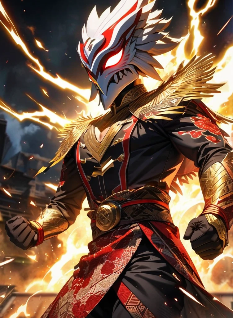 ,absurdres, highres, ultra detailed, HDR, masterpiece, extremely detailed face and eyes,Indonesian Super Hero costume,,red and white Kamen rider, eagle mask, , Indonesia batik pattern , solo, man, handsome, ,, , Epic fight scene, golden splashing effect, golden lightning effect,glowing glitters, explosive effect