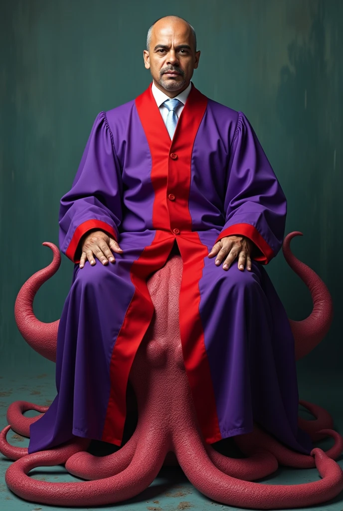 Alexandre de Moraes's shaved head, beardless, dressed in a purple and scarlet judicial robe like a prostitute of the apocalypse, sitting on top of a Brazilian Supreme Federal Court Squid.