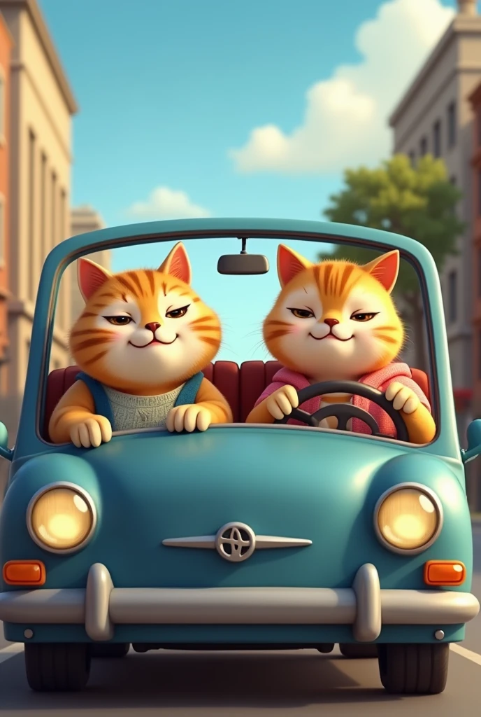 A pair of cute chubby cats are in a car, with the male cat behind the wheel, concentrating on driving, while the female cat sits beside him, looking relaxed and pampered. Both cats are dressed in casual, human-like clothing, giving the scene a charming and whimsical vibe as they enjoy their drive together. camera position in front of car, location in city street.
