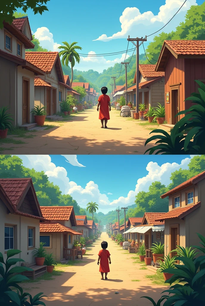 A before-and-after scene of the village: the initial modest setting transforming into a thriving, happier community thanks to Ramoo’s efforts."