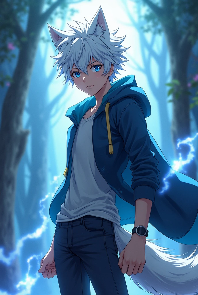 A teenage anime boy who's 6'3 and has fair skin,white hair,blue eyes and jas ergokinesis and has a wolf tail and wolf ears