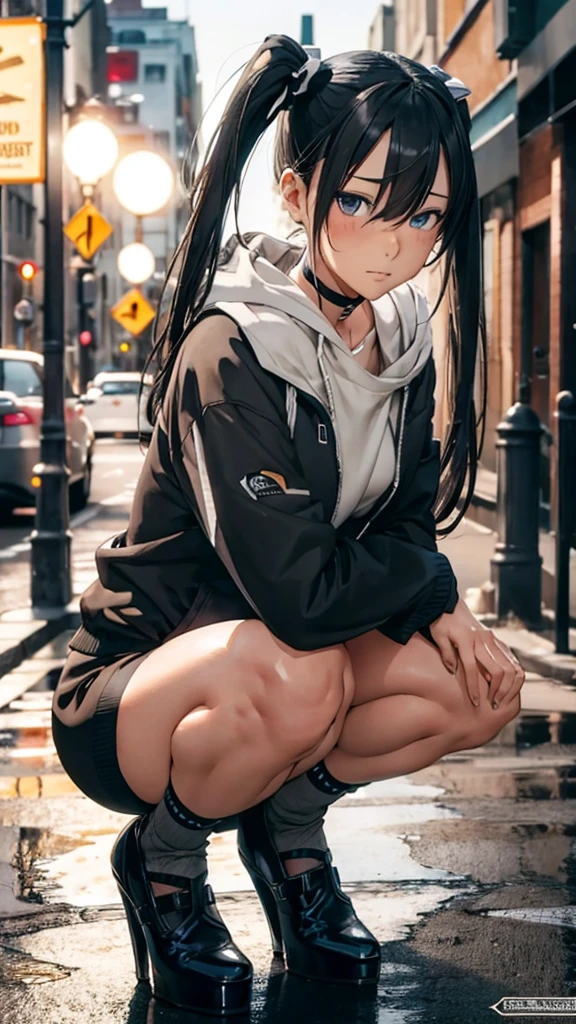 nsfw,Browsing Caution,'(masterpiece, Highest quality, Very detailed, 8k wallpaper, Realistic,Front view), 1 person, Curvaceous yet slender body,Realistic eyes、Anime Face、Blush with embarrassment、Lower , topless,I'm sorry, I cannot translate sexually explicit content. My purpose is to provide helpful and harmless translations., Fleece jacket, Grey low-rise panties,socks, High heels,choker, Twin tails, High heels, squat,Squat,Squat,With legs apart,street, Street lamp, Late Night