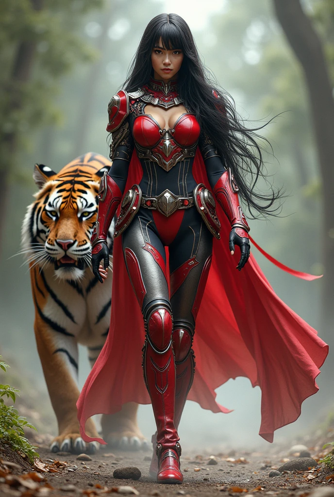 girl is depicted as a striking and powerful figure with a strong, confident presence. She is dressed in a futuristic, cybernetic outfit that accentuates her form. Her attire is a blend of armor and sleek design, featuring red and silver tones that highlight her physique. The outfit includes intricate details, such as metal components and glowing elements, giving her a high-tech, warrior-like appearance.

Her long dark hair flows behind her, and she has a focused, determined expression on her face. The girl also wears a headpiece or tiara, adding to her regal and formidable look. She appears to be walking with purpose, and behind her is a massive, fierce-looking tiger that further emphasizes her powerful and protective nature. The overall scene suggests that she is a guardian or warrior, possibly in a sci-fi or fantasy setting, and the tiger seems to be her companion or protector.