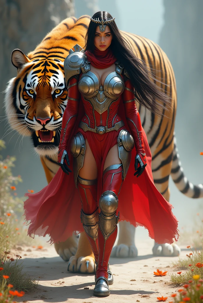 girl is depicted as a striking and powerful figure with a strong, confident presence. She is dressed in a futuristic, cybernetic outfit that accentuates her form. Her attire is a blend of armor and sleek design, featuring red and silver tones that highlight her physique. The outfit includes intricate details, such as metal components and glowing elements, giving her a high-tech, warrior-like appearance.
Her long dark hair flows behind her, and she has a focused, determined expression on her face. The girl also wears a headpiece or tiara, adding to her regal and formidable look. She appears to be walking with purpose, and behind her is a massive, fierce-looking tiger that further emphasizes her powerful and protective nature. The overall scene suggests that she is a guardian or warrior, possibly in a sci-fi or fantasy setting, and the tiger seems to be her companion or protector.