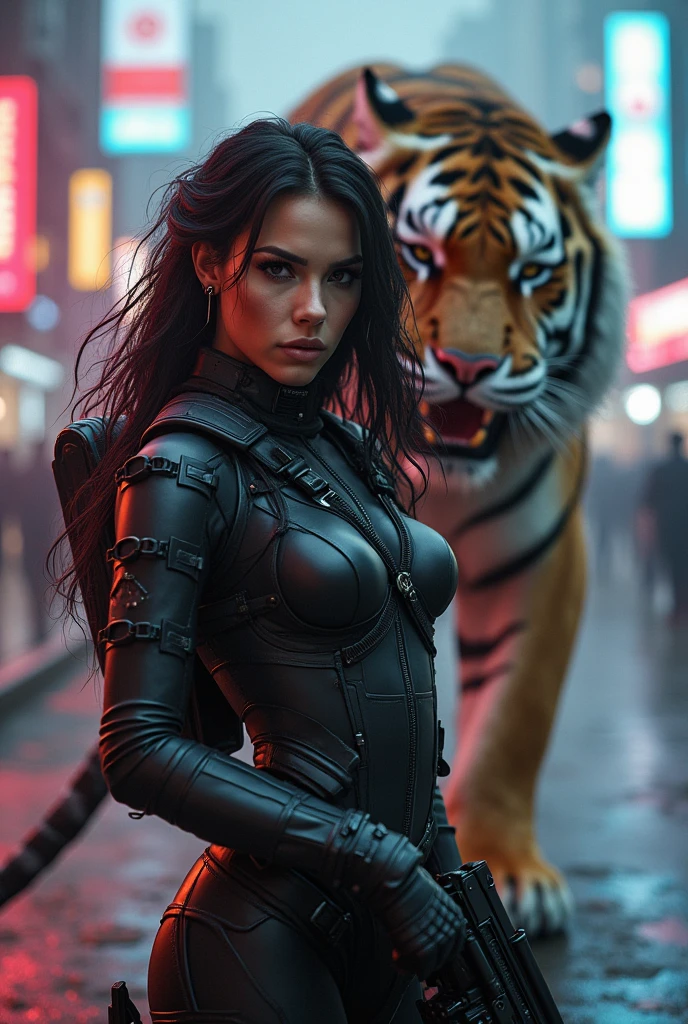 beautiful cyberpunk girl saves giant wild saber tooth tiger. soldiers shoot ray gun in (Highlight: 1.5) (Photorealistic: 1.1) (Bokeh) (Best Quality) (Skin, Pores, Detailed Hair Texture: 1.1) (Hard) (8k) (HDR) (Wallpaper) (Cinematic Lighting) (Sharp Focus)cyberpunk style