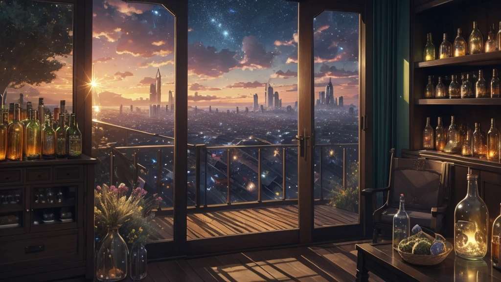 ((masterpiece)),((Highest quality)),((High Detail)),nobody,background, fantasy,Professional Color Grading, Professional Lighting, Depth of written boundary, ((Concept Art)), The colors of the flowers sparkle, afternoon, waterfall, Big tree, Starry Night, sunset, City in a glass bottle, filling glass bottle with the sparkling Starry Night and city, filling glass bottle with the sunset view, Many glass bottles on the shelf, The shelves are kept in the house