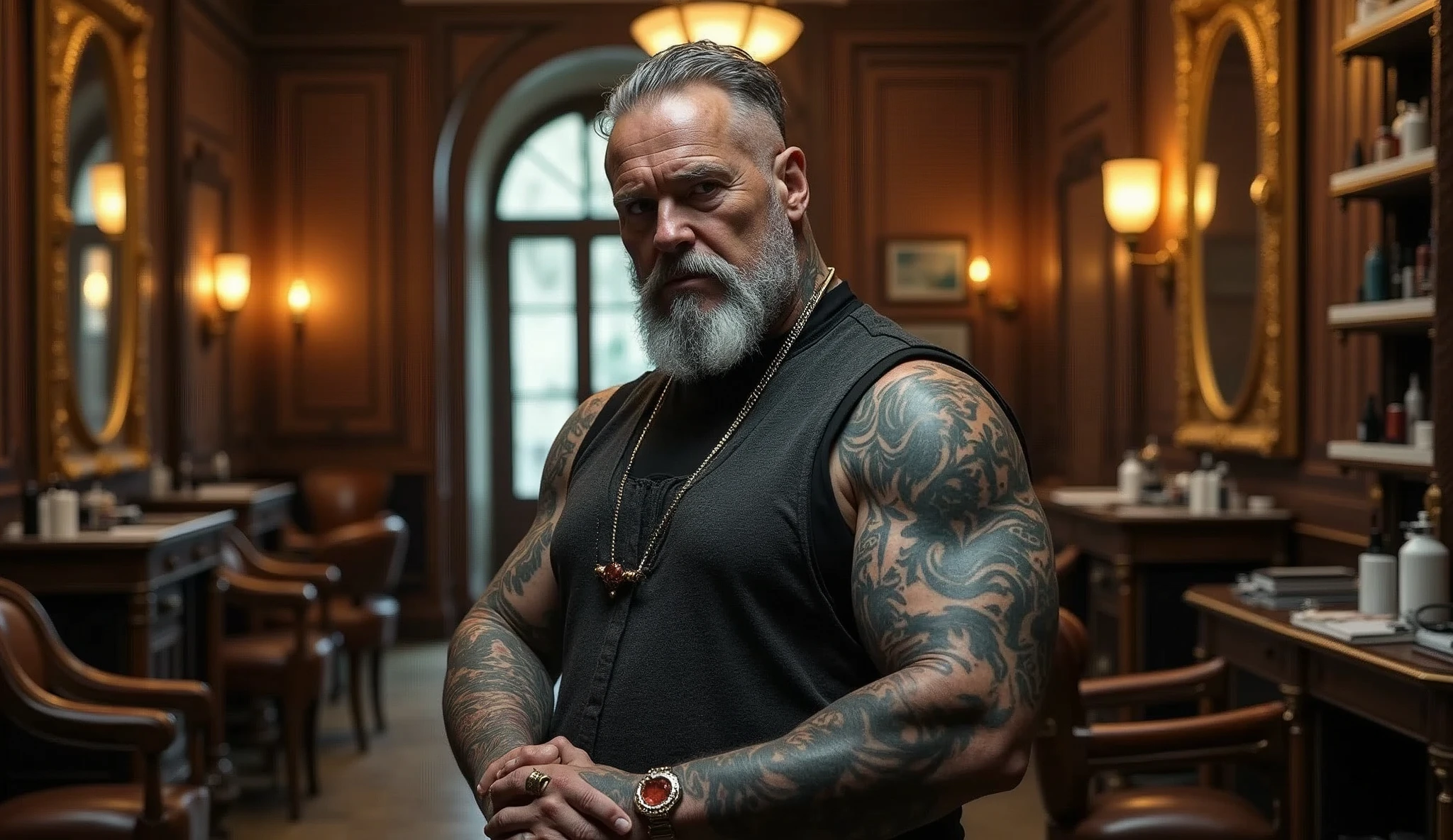 Ultrarealistic, 1792x1024:
a heavily tattooed and pierced barber in an empty luxury barber shop room, Very charismatic, externally interesting, 160 cm height, 89 years old, phenomenally thick Swede
Style
modern and atmospheric, with an emphasis on detail. The main focus is on the expressiveness of the character and the luxurious setting of the barber shop.
**angle:**
angle выбран так, to show the barber in a close-up from the waist up. This allows you to focus on his charismatic image, tattoos and piercings. The barber occupies the central place in the frame, leaning slightly towards the camera, which creates an effect of intimacy and engagement of the viewer. The background creates a random mood, conveys a sense of luxury and sophistication. This could be a view of a wall, decorated with exquisite panels made of expensive wood, with luxurious mirrors in carved frames, creating an infinity effect. or a deep perspective on a hall, where you can see chairs with upholstery made of genuine leather, carefully placed near shelves with unique accessories or bottles of elite drinks. or it's part of a stylish waiting area with soft sofas and a coffee table, on which lie magazines about fashion and style.
In some versions, the camera shows a long corridor, leading deep into the room, along which luxurious lamps and paintings are placed, which adds a special depth and mystery to the space. Either it could be a window, through which natural light flows, illuminating interior elements, executed with great attention to detail.
**Color palette:**
Color palette выдержана в теплых, in rich colors. Dark and rich colors predominate: deep brown and black interior hues, golden yellow and soft warm light accents, illuminating tattoos and details of the room. The barber's skin tone is natural, but somewhat enhanced for contrast with his dark tattoos and clothing. tattoos, In turn,, stand out in bright colors