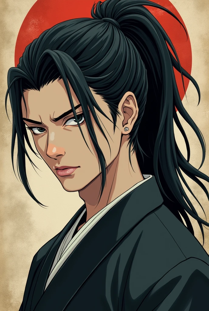 Male, man, japanese, black hair, black eyes, long hair in a messy ponytail, beautiful, for PFP, half realism, sharp look, serious, profile side, sharp, pale skin, aesthetic, with a traditional background