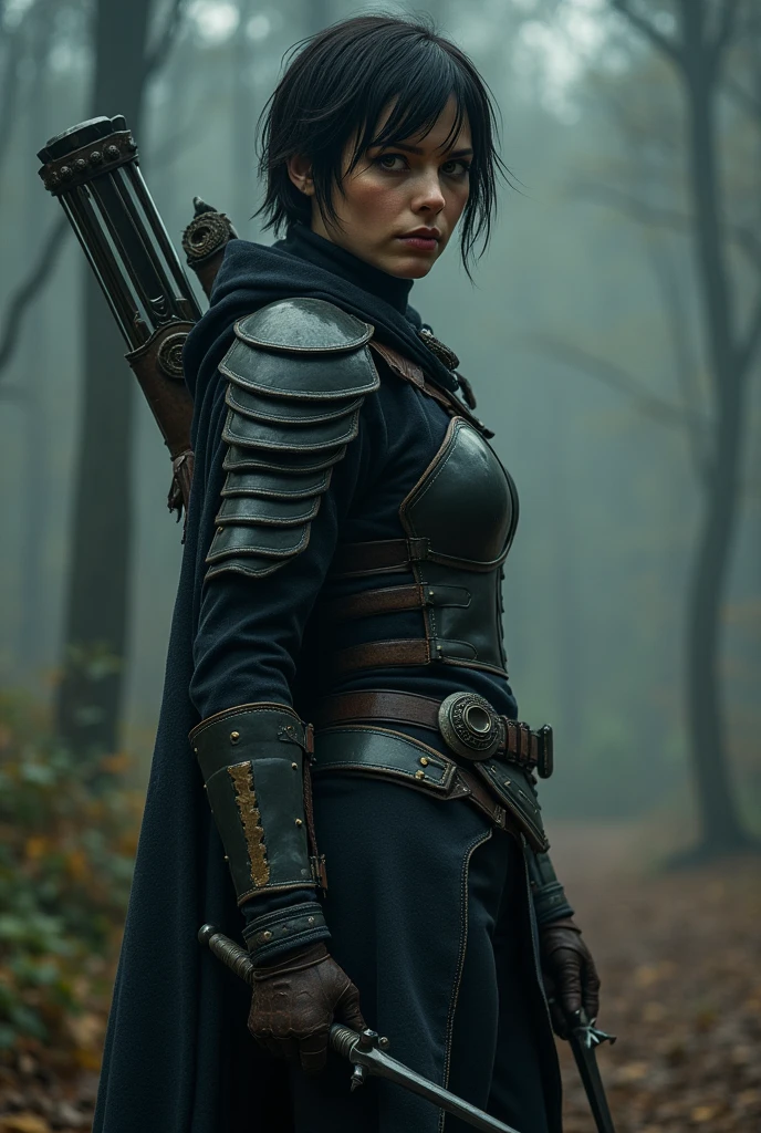 Portray Scarlett Johansson as Valeria, a skilled hunter with a lean build, short dark hair, and piercing eyes. Outfit her in practical, dark armor with subtle enchantments and armed with finely crafted throwing knives. Her stance should be poised and alert.