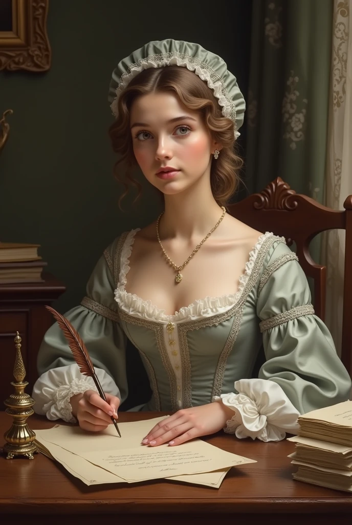 An 18-year-old woman writing a letter wearing 18th-century clothing.