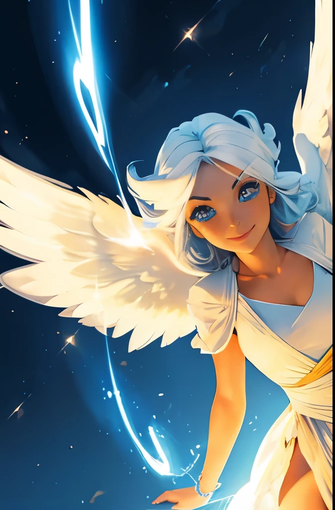 The angel's body glowed with a charming light in the sky