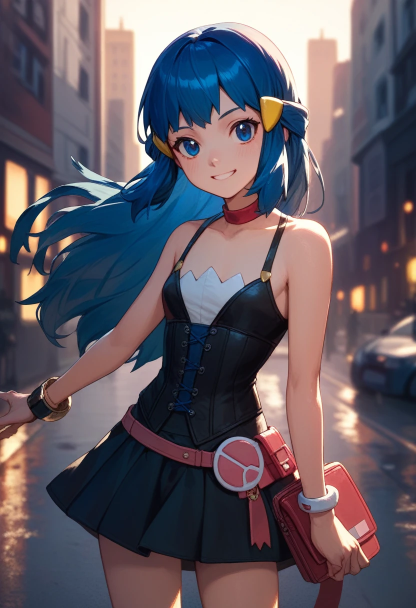 gonzarez, masterpiece, , dawn,pokemon,1 girl , Alone, smile, blue hair, blue eyes,sexy ,city,evening,Street,Accessories{bracelet,wait}black skirt corset