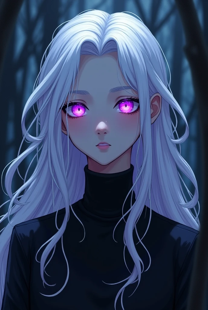 
white boy. NORMAL and ROUND face. . SMALL and ROUND CHIN. Her lips are thin, NORMAL and beautiful. HIS EYES ARE VIOLET and VERY BRIGHT. his Eyebrows are white. white  hair, VERY LONG and voluminous thrown back. wear a black turtleneck. He has a mysterious appearance and lives in a night forest. He's a good guy.