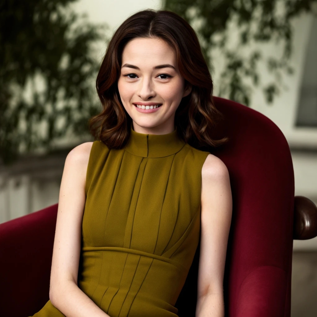 Upper body, Realistic photograph of a beautiful gorgeous young cute Asian woman, 22yo., detailed face, Realistic texture human skin, very beauty long and slender bright glowing face, curved eyebrows, droopy hooded eyes, wavy nose, bright smiling, full wide lips, studio portrait, (((young Marion Cotillard blended face mixed with young Anne Hathaway))), dressed vibrant yellow sleeveless crop top, sits elegantly burgundy chair, Leica SL3, Summicron-SL 75mm ASPH, F/1.8, (cinematic still:1.2), Film Never Die Kiro 400 film, bokeh, rim lighting, silhouette, shallowed depth of field,