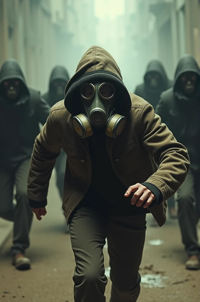 a man with a gas mask escaping from several faceless people with black bodies