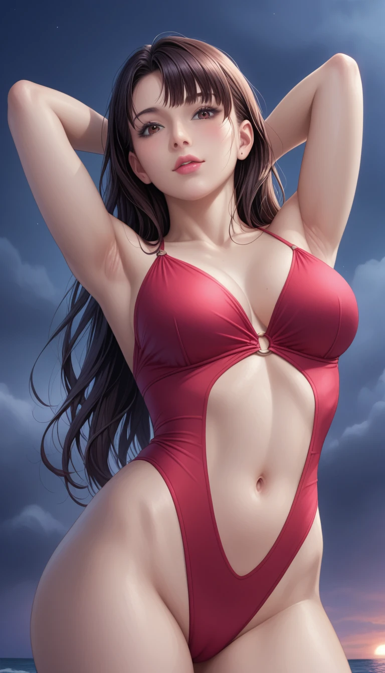 score_9, score_8_superior, score_7_superior, High-resolution CG illustration,A masterpiece in 32K resolution,Highest quality,it is really amazing,Very detailed,Ultra-high resolution,Ultra-realistic,Realistic,Increased depth of field,Cinematic lighting,
Sexy mature Japan woman,
Straight long hair with black hair,Ultra-detailed and beautiful face,Calm and gentle look,Beautiful brown eyes,Translucent white skin,Realistic skin texture,Great proportions,
Elegant red swimsuit,
Simple design,Chic color scheme based on red,Detailed fabric texture,
(Dark overcast sky on a dull night:1.1),(Dark clouds filling the sky:1.1),Thundercloud,Coastline at night,Stormy seas,delay々A desolate sandy beach that continues,
(Stretching on the sandy beach:1.2),Low - Angle,